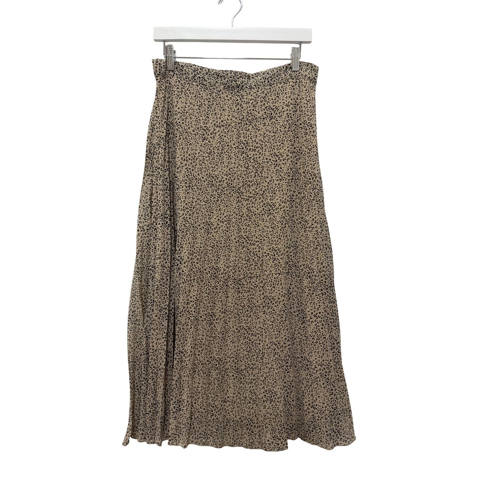 Women Tan Black Leopard Print Pleated Maxi Skirt Large Elastic Waist Lined